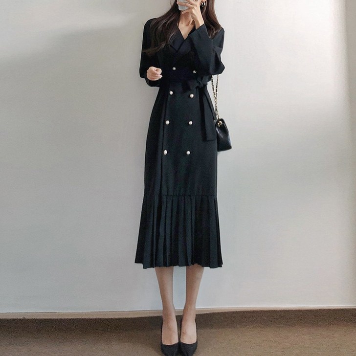 요시아나 당일발송 단아한 그랑시아 카라넥 진주 더블단추 플리츠 벨티드 롱원피스 2컬러