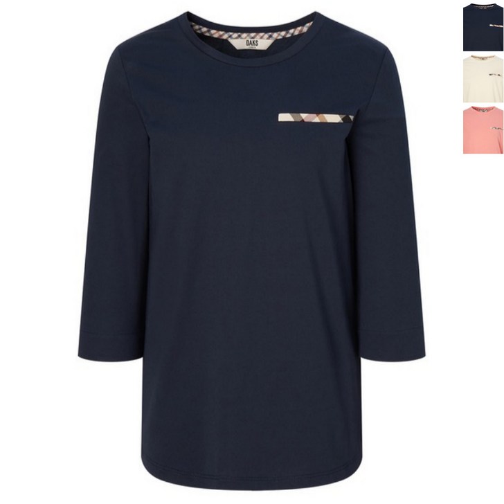 닥스 레이디스 7부 체크 배색 면혼방 소매 티셔츠 여성 의류 라운드티