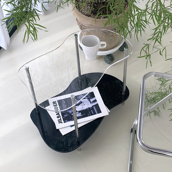 모듈 사이드 테이블 거실 쇼파 협탁 비정형 탁자 아크릴 2단, 투명블랙