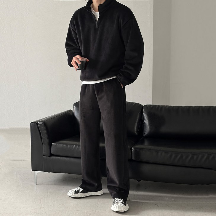 베이직바이블 SET기모 골덴 후리스 코듀로이 트레이닝 세트 셋업 오버핏 반집업 조거팬츠 와이드팬츠4color