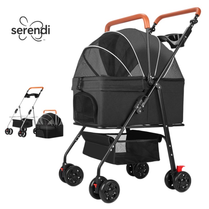 SERENDI 반려동물 유모차 접이식 분리형 손잡이 높이조절 강아지유모차 고양이유모차, 블랙