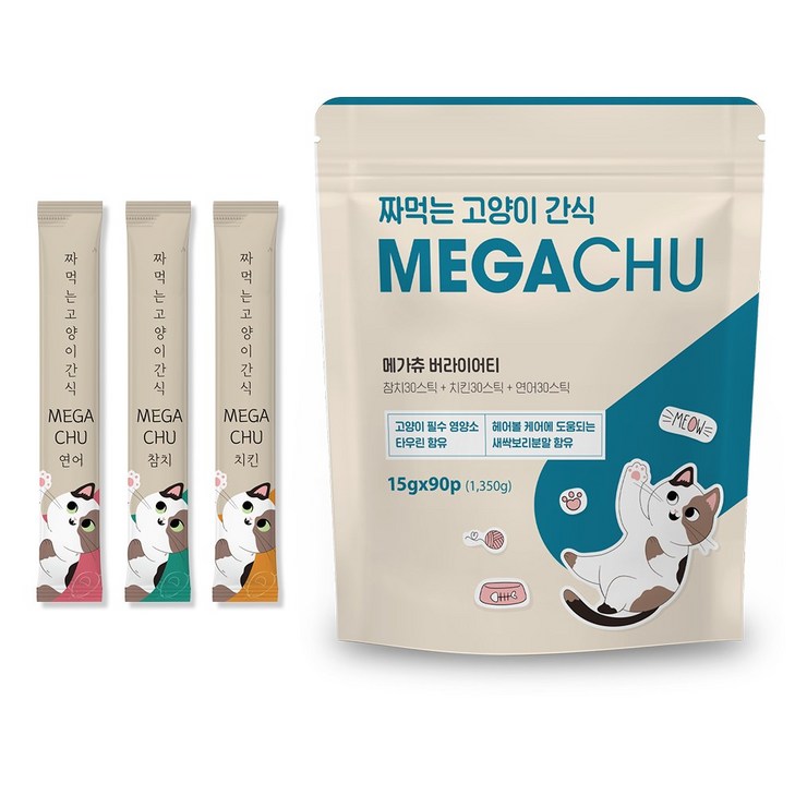 메가츄 짜먹는 츄르 고양이간식 90스틱 대용량, 연어30P+치킨30P+참치30P, 15g, 90개