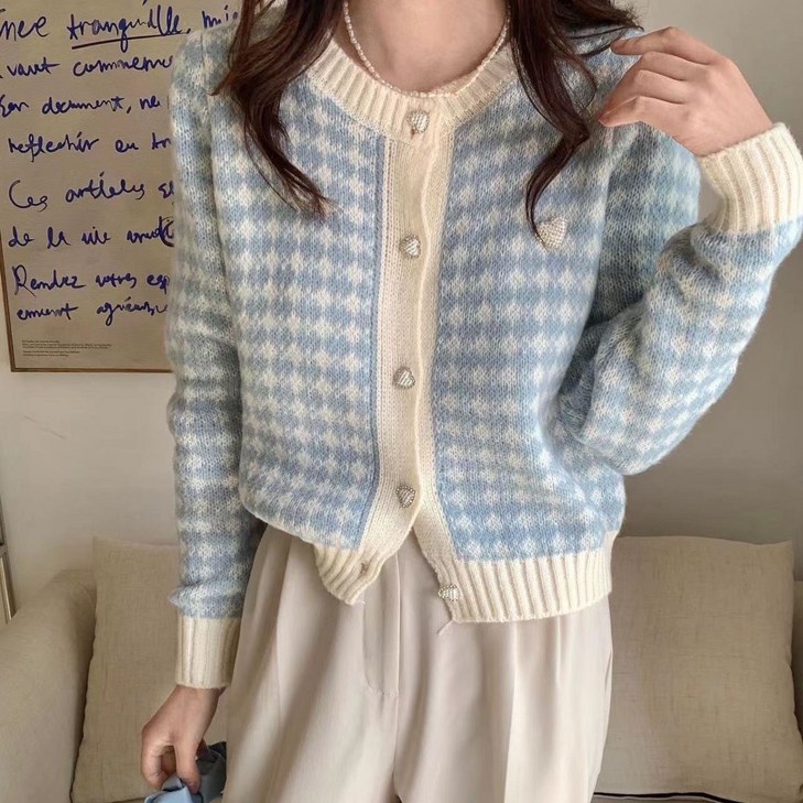 야오야오 여성용 하운드 투스 체크 하트큐빅 니트 가디건 야오야오 여성용 하운드 투스 체크 하트큐빅 니트 가디건