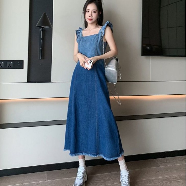 아이엠몽 여성 어깨 프릴 투톤 롱 데님 원피스