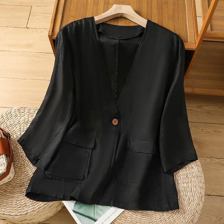 IWMAFT 여성 여름 V넥 린넨 정장 재킷 버튼 디테일 7부 소매 루즈핏 자켓 FC387