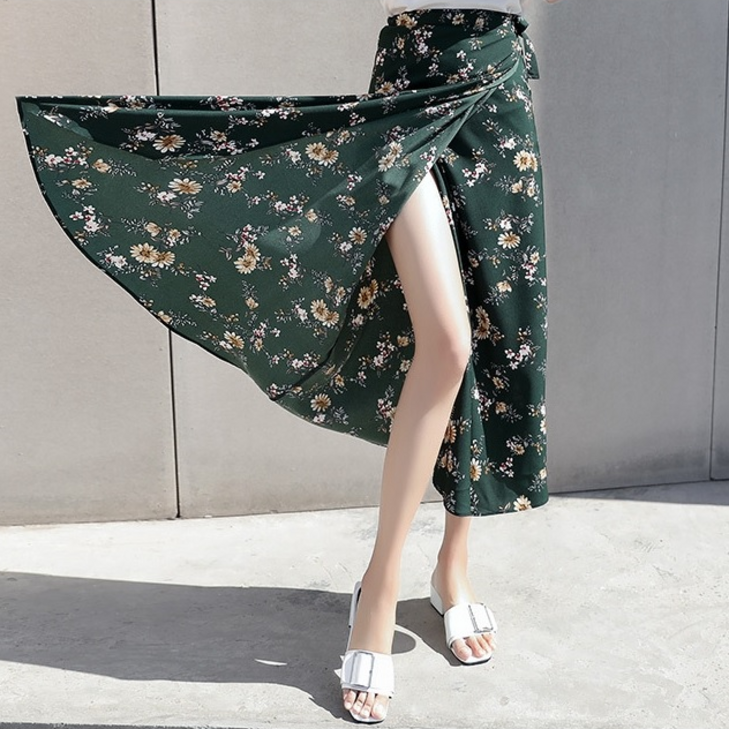 쇼핑1번지 쉬폰 플라워 랩스커트 롱스커트 해변 비치룩 프릴 치마 휴양지 신혼 여행 빅사이즈 스커트
