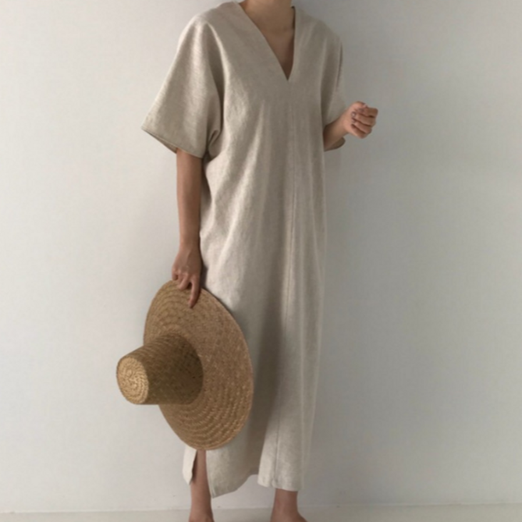 르엠마 빅사이즈 브이넥 린넨 봄 롱 원피스 YA25