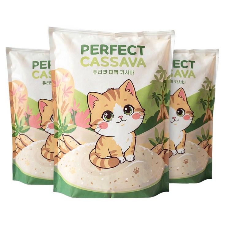 퓨리펫 퍼펙 카사바 모래, 무향, 3개, 4.3kg