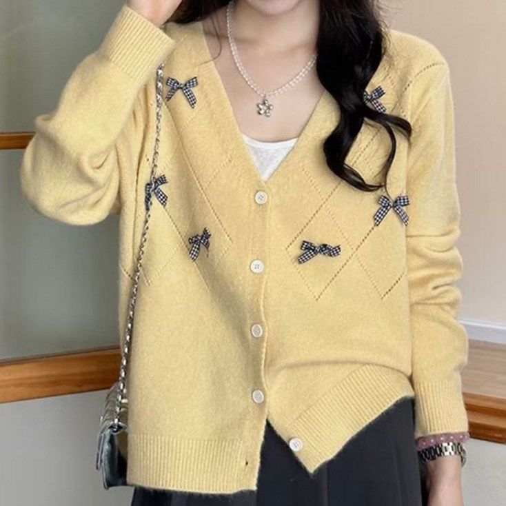 더플로우커머스 여성용 귀여운 입체리본 브이넥 니트 가디건