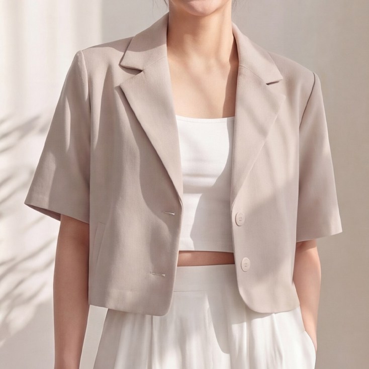 라뷰드 여성 여름 싱글 세미 크롭 반팔 자켓 여자 봄가을 여름 정장 루즈핏 카라 아우터 시원한 데일리 캐주얼 페이크 포켓 겉옷