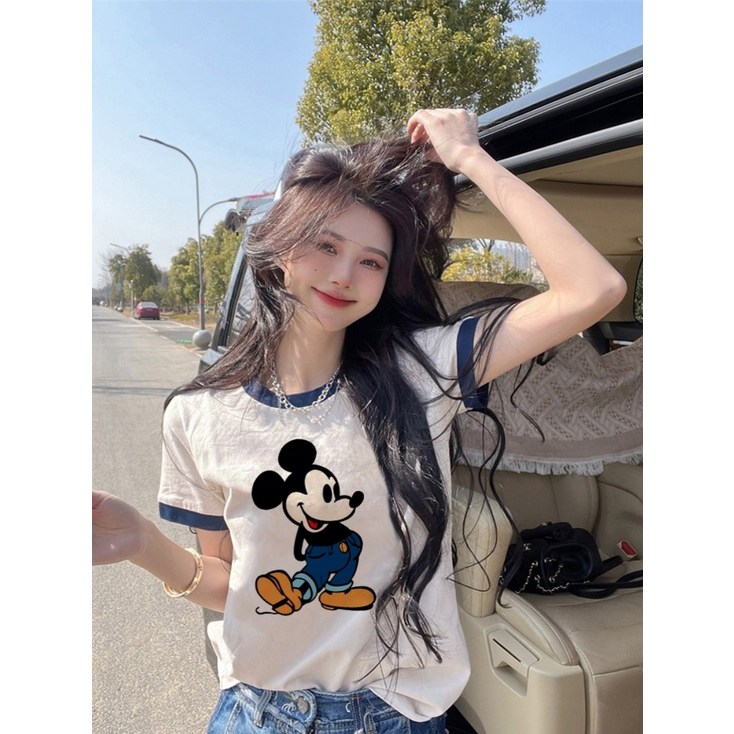 당일 배송 화이트 미키 체리 티셔츠 여름 코튼 패션 캐주얼 반팔 루즈 프린트 귀여운 트렌드 스타일