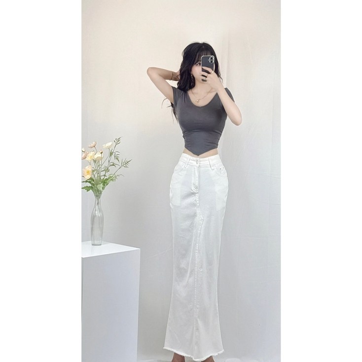 루루루 로우 데님 머메이드 롱 스커트