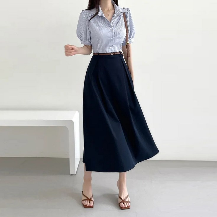 긴팔반팔 배색원피스 롱 데일리 아나운서 카라 셔츠 원피스 결혼식 하객룩 벨트원피스