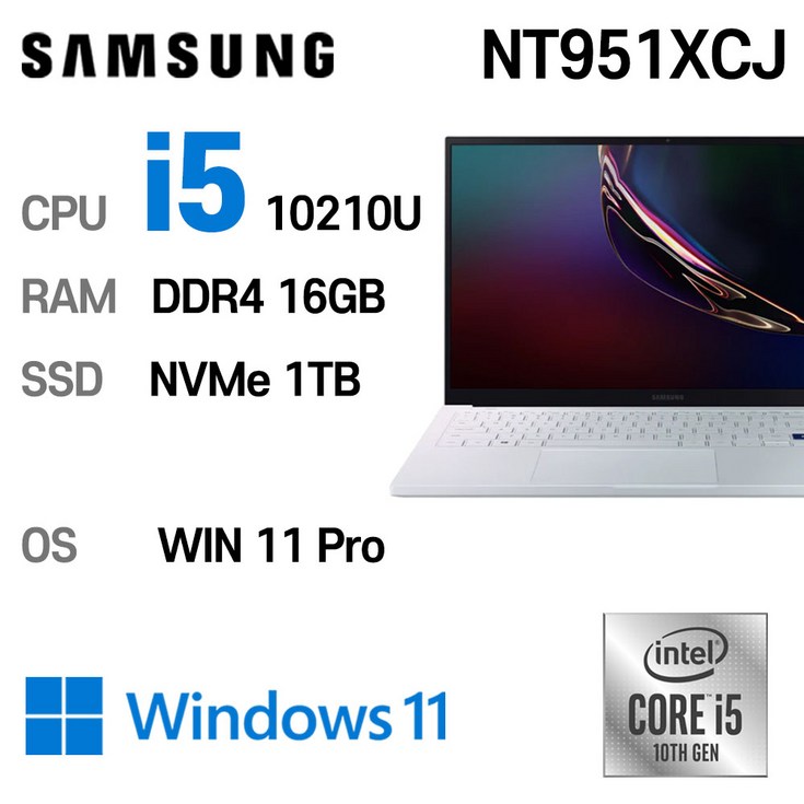 삼성 중고노트북 갤럭시북 NT951XCJ i5 인텔 10세대 16GB, NT951XCJ, WIN11 Pro, 16GB, 1TB, 코어i5 10210U, 아우라 실버
