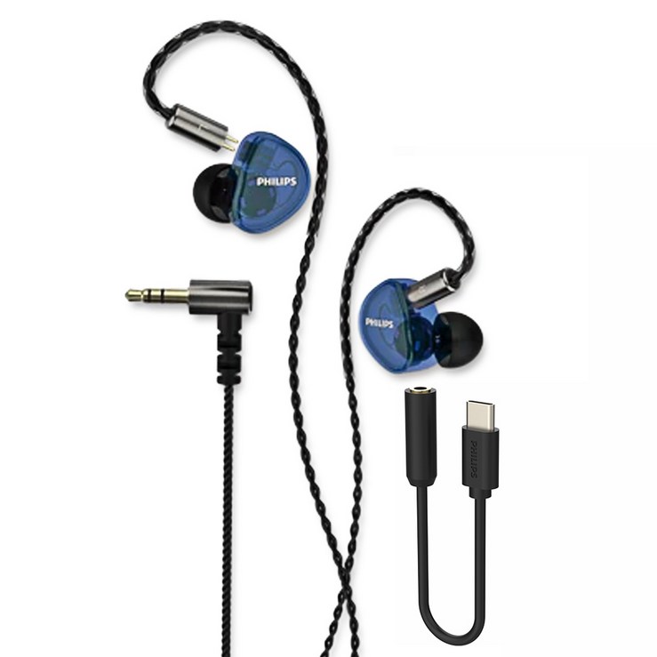 필립스 인이어 3극 L타입 커널형 인이어 뮤지션용 모니터링 유선이어폰 3.5mm, TAE7009BL, 블루 실버