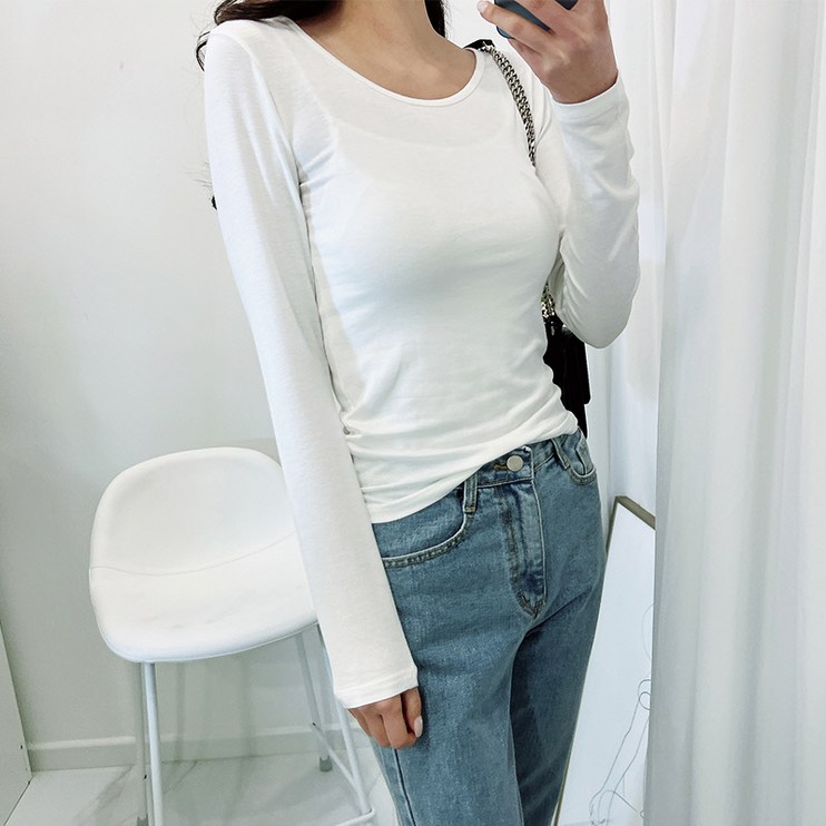 여성흰색티셔츠 이지스튜디오 여성용 라운드 스판 유넥 긴팔 티셔츠