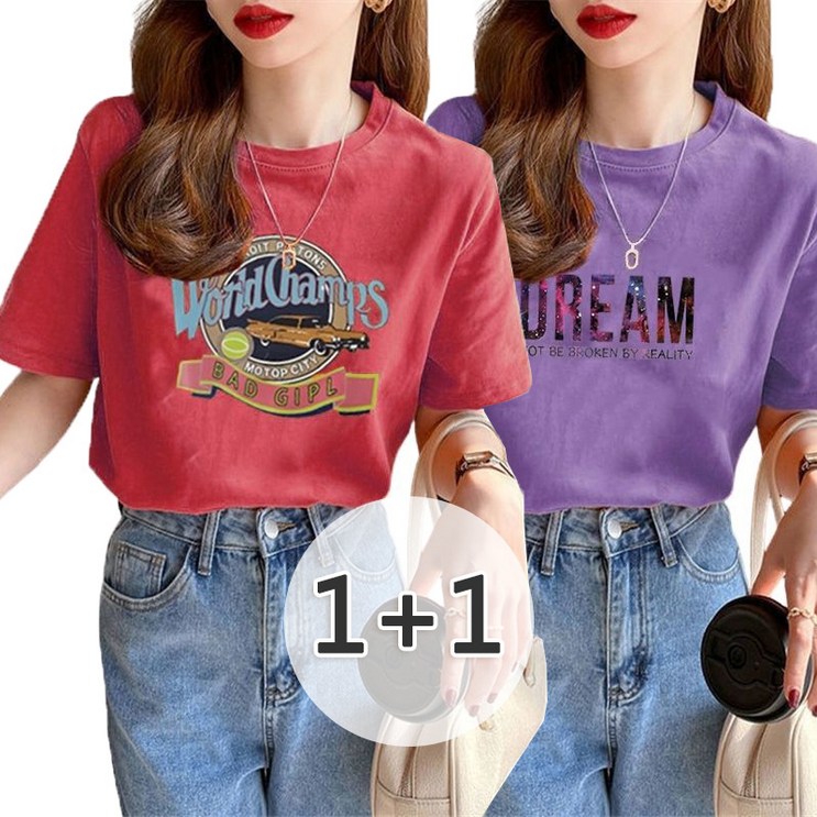여성 티셔츠 여름 컬러프린트 빅사이즈 반팔 면티 T-shirt 2종세트 - 투데이밈
