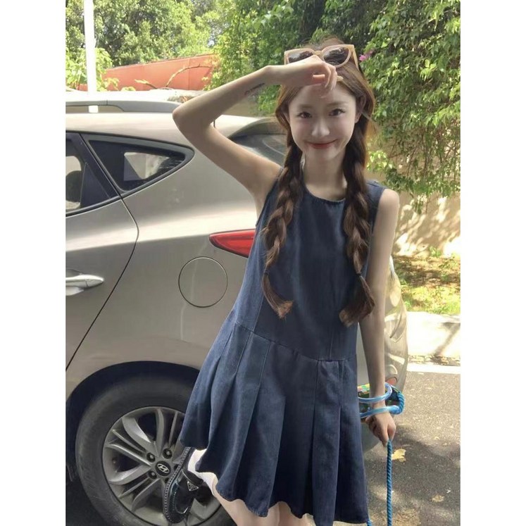 Chephie 데님 민소매 플리츠 원피스