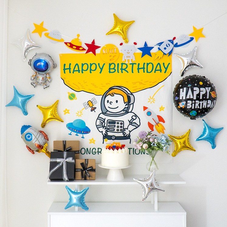 GAM 스페이스 우주소년 생일파티용품 세트 생일현수막 가랜드 호일풍선 전부 다 드리는 구성, 우주소년 생일파티, 1세트