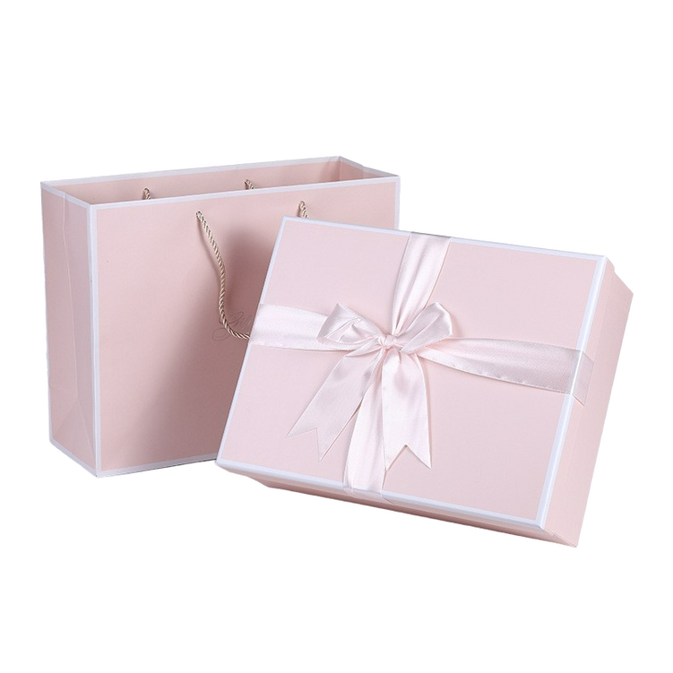 올디디 파스텔 리본 선물상자 중  쇼핑백 세트, 1세트, 핑크