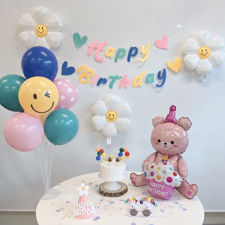 민즈셀렉트 데이지 곰돌이 생일풍선 세트 해피벌스데이 픙선 생일파티 파티풍선, 파스텔 핑크세트 - 쇼핑앤샵