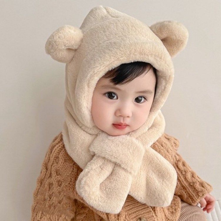 곰돌이 모자 머플러 아기 유아동 세트 일체형