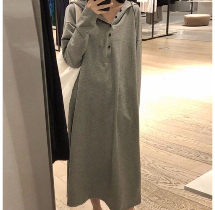 구디프 편한템 여리여리핏 단추디테일 후드 원피스
