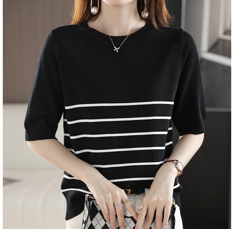 여성용 데일리 클래식 반소매 스트라이프 심플 베이직 단가라 라운드넥 아이스쿨 반팔 니트티 여름 스웨터