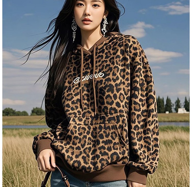 ROYALBELLE 여성 면 호피무늬 디자인 맨투맨 패션 루즈핏 스트링 후드 풀오버 Y01100709 ROYALBELLE 여성 면 호피무늬 디자인 맨투맨 패션 루즈핏 스트링 후드 풀오버 Y01100709