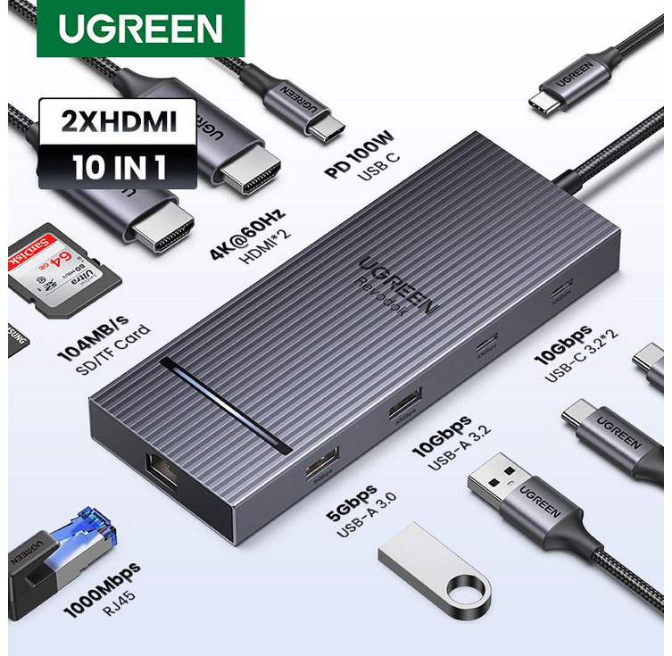 UGREEN 유그린 Revodok Pro 10 in 1 도킹 스테이션 듀얼 HDMI 2.0 4K60Hz 디스플레이 10Gbps PD100W USB C 멀티허브, 1개, Grey, CM886