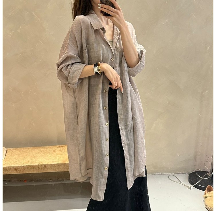 오버사이즈 여성 통기 얇은 긴팔 롱셔츠 봄 여름 경량 자외선차단 셔츠 자켓 아우터