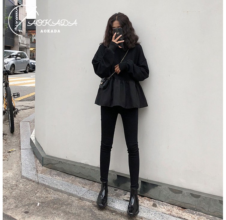 AOKADA 여자 봄가을 슬림핏 셔링 상의 캐주얼 프릴 풀오버 맨투맨