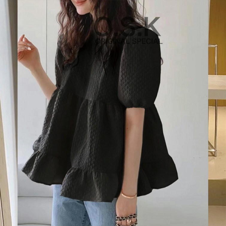 세인트이브 T5348 오버사이즈 프릴 캉캉 블라우스 반팔티